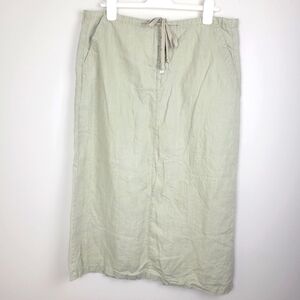 Vintage EDDIE BAUER 100% Linen Khaki Midi Drawstring Waist Skirt Size 14